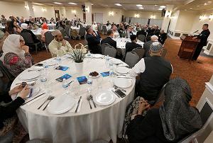 Cardinal Cupich gives remarks at the 21st annual Catholic-Muslim iftar dinner at the Mecca Center in Willowbrook on May 25, 2018. The annual interfaith event, sponsored by the Council of Islamic Organizations of Greater Chicago, includes breaking the Ramadan fast, observing maghrib prayer and sharing a festive dinner and program. This year Ramadan began the evening of May 15 and ends the evening of June 14. (Karen Callaway/Chicago Catholic)