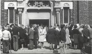 Parishioners gather in front of St. Procopius Church on the day the parish celebrated is centenary, Oct. 10, 1975. (Chicago Catholic file photo)