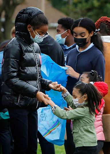 Students celebrate at the end of the march. (Karen Callaway/Chicago Catholic)