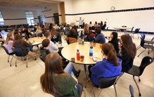 Michael Terrien leads a discussion with the 70 high school students. (Karen Callaway/Chicago Catholic)