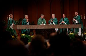Father Baima joins Cardinal Cupich and seminary officials on Sept. 15, 2018 at Holy Name Cathedral for the last night of a novena sponsored by Mundelein Seminary for the Healing of Our Church. (Karen Callaway/Chicago Catholic)