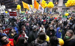 Marchers
listen to speakers at the Thompson
Center. This was the 10th anniversary
of the Chicago March for Life. (Karen Callaway / Catholic New World)