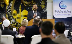 Ahmed Nadar, president of the Islamic Foundation North, welcomes participants to the event. (Karen Callaway/Chicago Catholic)