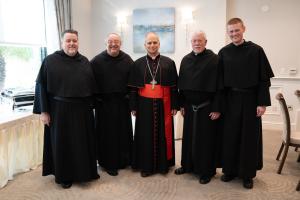 Then-Cardinal Prevost poses for a photo with his brother Augustinians. Left to Right: Father Tom McCarthy, Father Bernie Scianna, then-Cardinal Prevost, Father Anthony B. Pizzo and Father Jack Tierney. (Photo Courtesy of the Midwest Augustinian Province of Our Mother of Good Counsel)