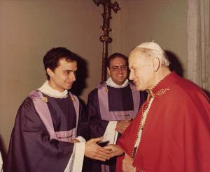 Undated picture of Father Robert Prevost with Pope John Paul II. (Photo Courtesy of the Midwest Augustinian Province of Our Mother of Good Counsel)