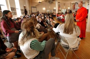 Cardinal Cupich listens to a student’s question. (Karen Callaway/Chicago Catholic)